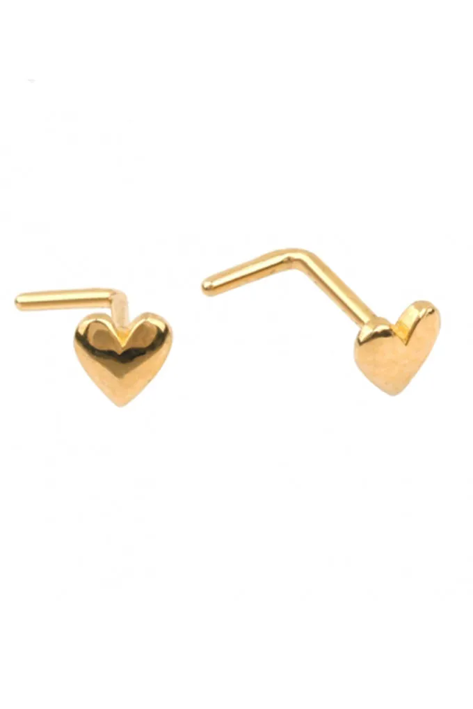 14K Solid Gold 20g Puffy Heart Nose Stud Piercing