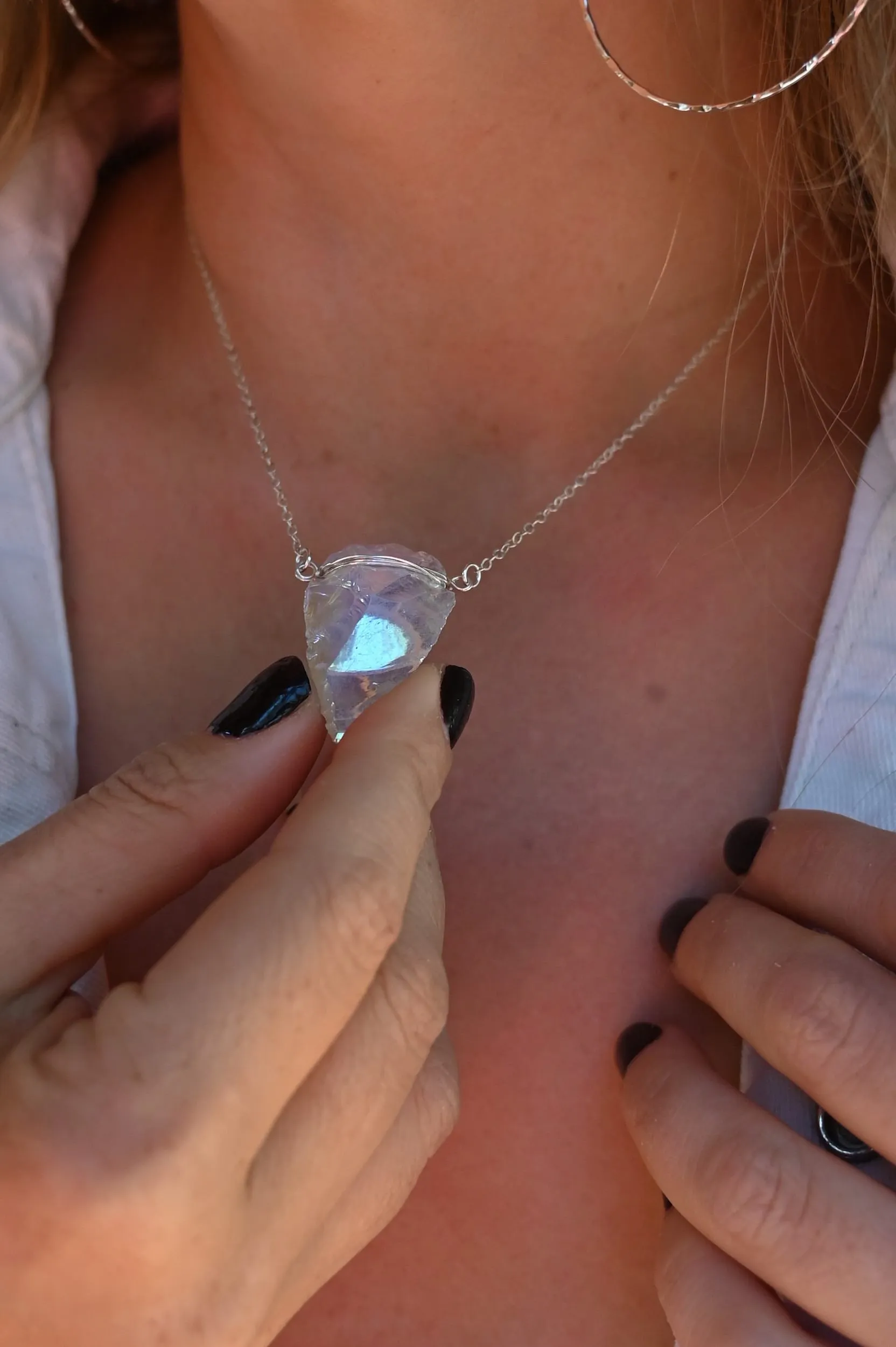 Angels Are Everywhere Aura Opalite Arrowhead Silver Necklace