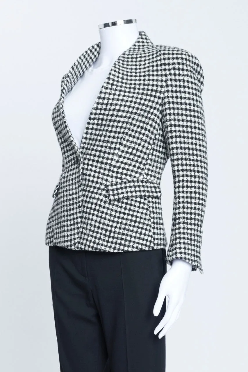 Black and White Wool Blend Tweed Collarless Preloved Short Jacket