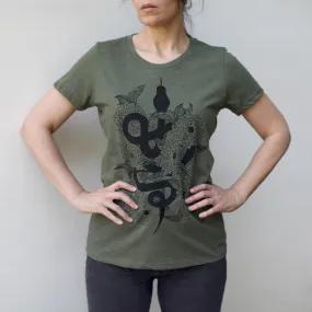 Black Garden Snake & Flowers Print Tee in Military Green by Blackbird Supply Co.