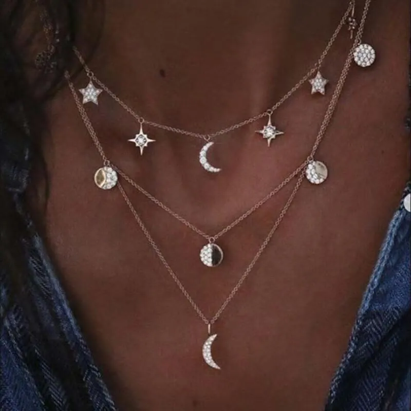 Bohemian Moon Star Rhinestone Pendant Necklace