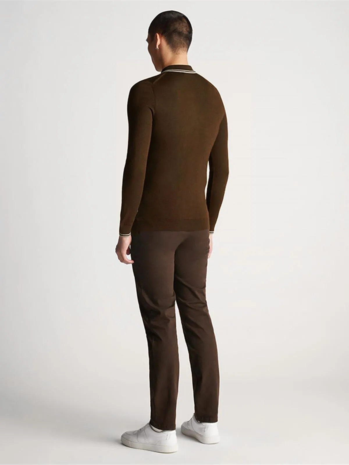 Brown Merino Wool Long Sleeve Retro Knitted Polo