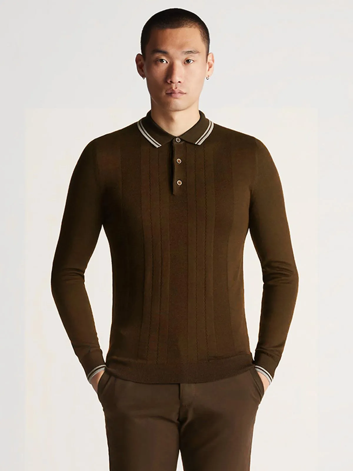 Brown Merino Wool Long Sleeve Retro Knitted Polo