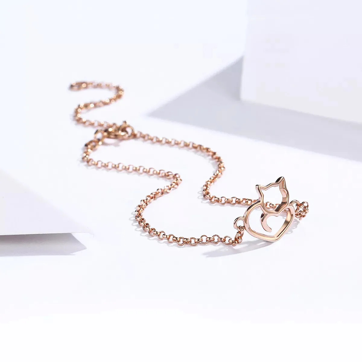 Cat Heart Bracelet in Solid 925 Sterling Silver