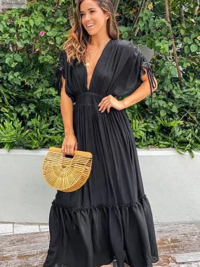 Deep V Maxi Dress Black Tie Sleeves