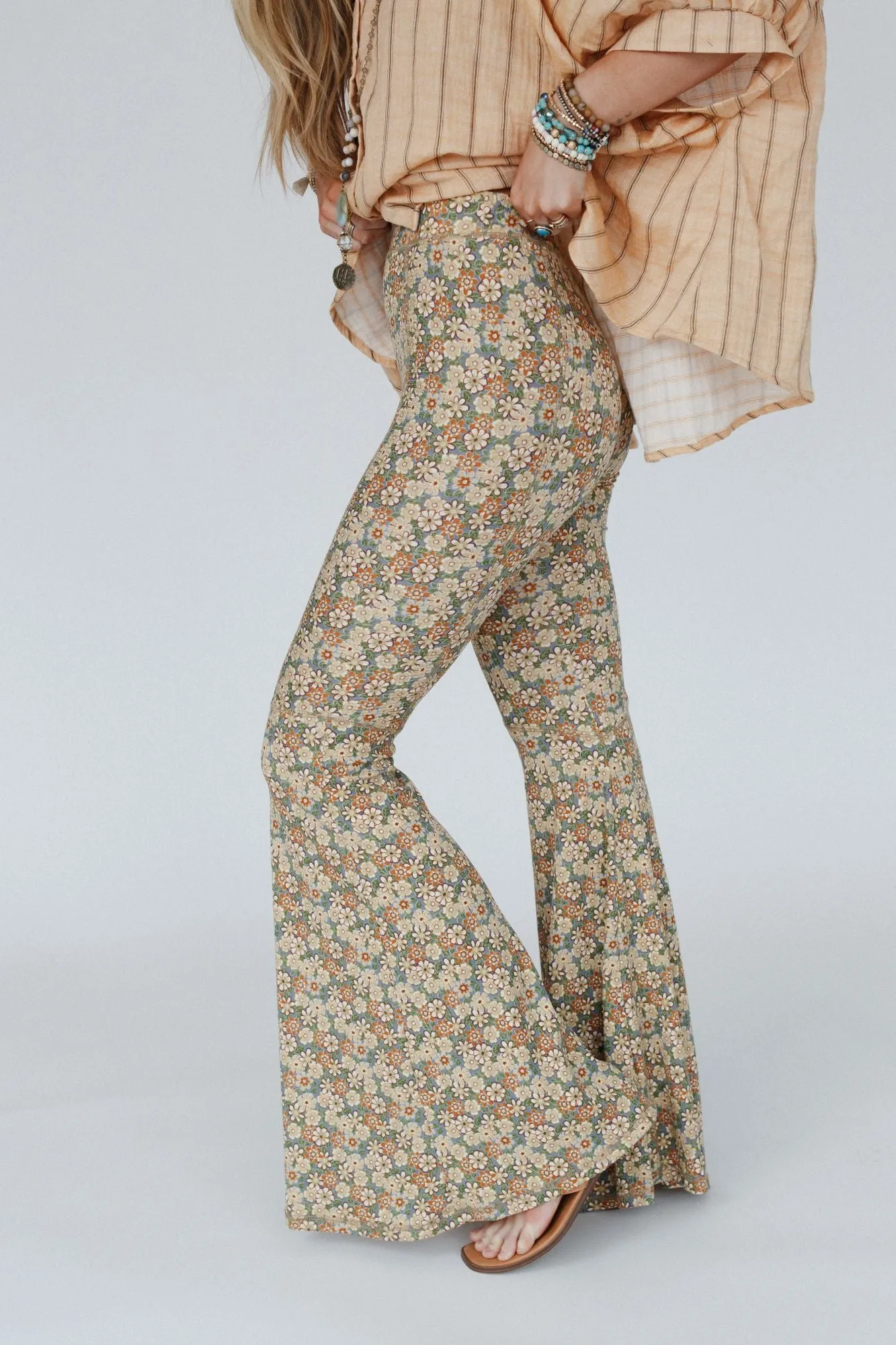 Dream in Flowers Flare Pants - Denim Khaki