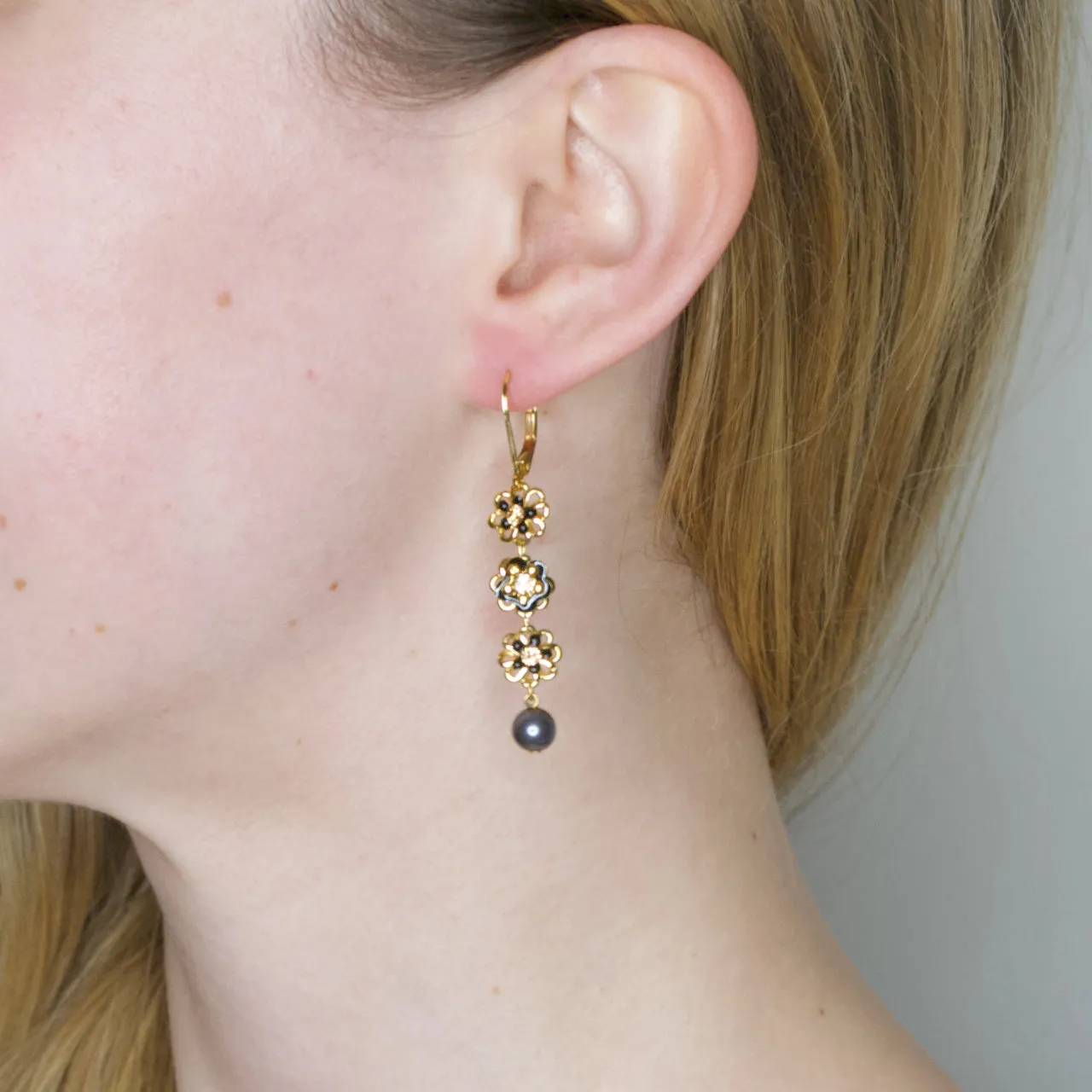 Dripping Pearl and Blossom Gold Earrings by Eric et Lydie