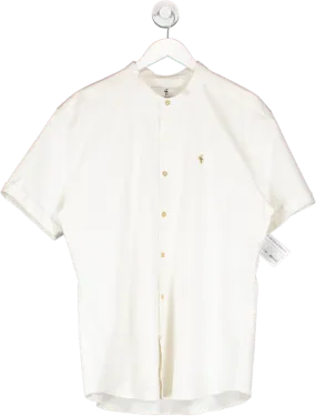 Father Sons Cream Super Slim Stretch Denim Shirt With Grandad Collar & Gold Metal Buttons/decal UK XXL