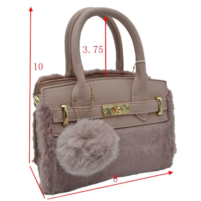 Faux Fur and Vegan Leather Small Tote Crossbody Bag