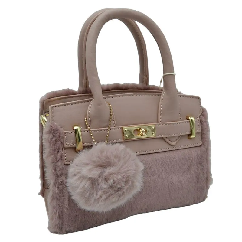 Faux Fur and Vegan Leather Small Tote Crossbody Bag