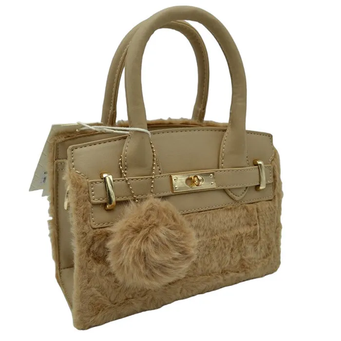 Faux Fur and Vegan Leather Small Tote Crossbody Bag