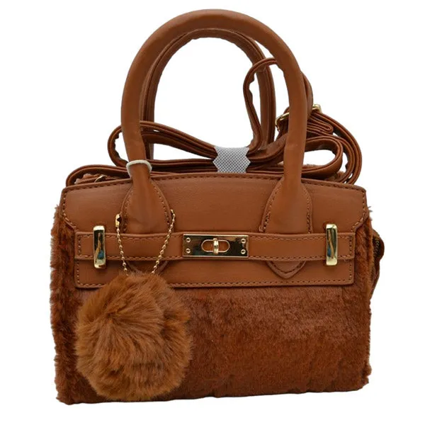 Faux Fur and Vegan Leather Small Tote Crossbody Bag