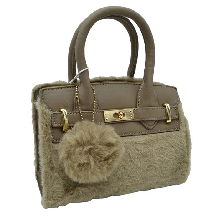 Faux Fur and Vegan Leather Small Tote Crossbody Bag