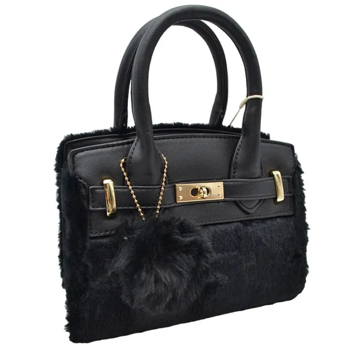 Faux Fur and Vegan Leather Small Tote Crossbody Bag