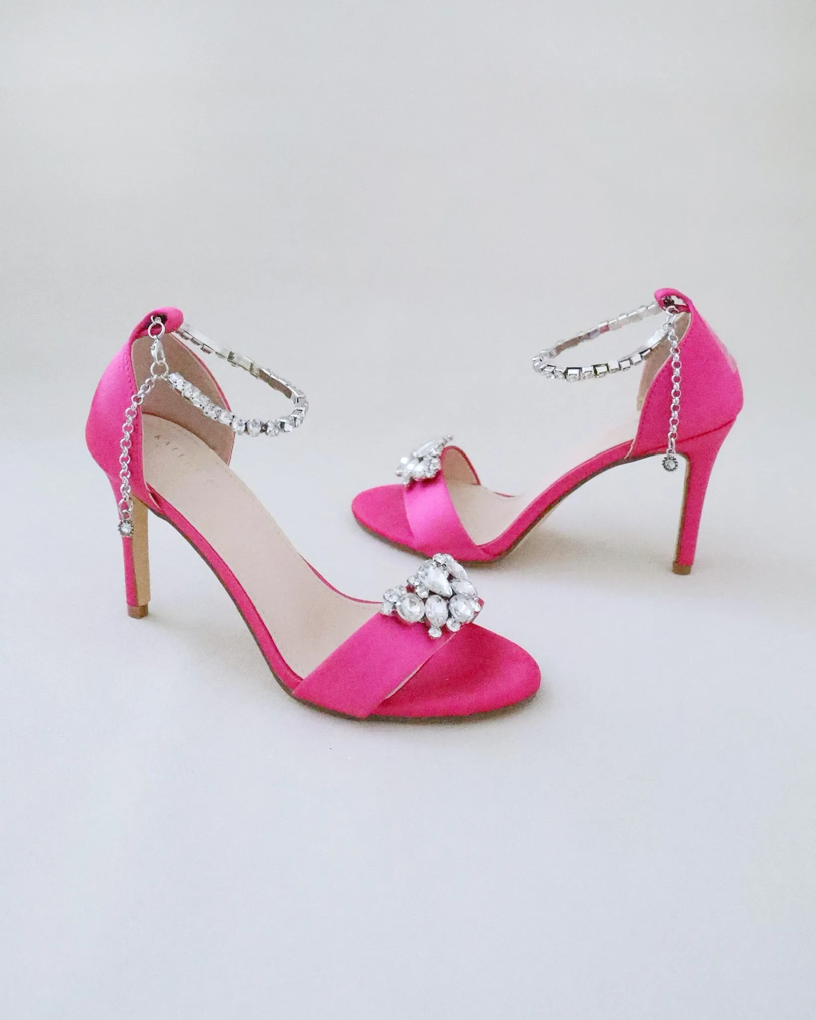 Fuchsia Satin High Heel Evening Sandals with Dewdrop Brooch