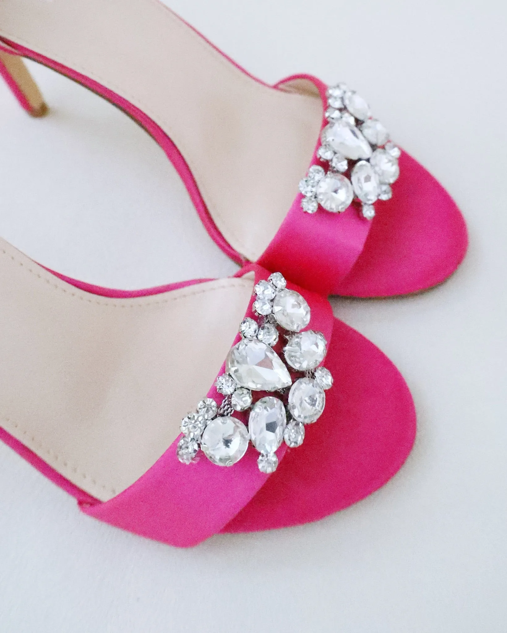 Fuchsia Satin High Heel Evening Sandals with Dewdrop Brooch