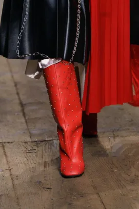 Gold Rivet Red Black Square Toe Chunky Heel Boots - Runway Fashion