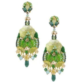 Green Floral Swarovski Crystal Hand Painted Drop Earrings by DUBLOS