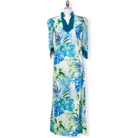 Green Mandarin Velvet Collar Monstera Leaf Hawaiian Dress | Plus Size 2656