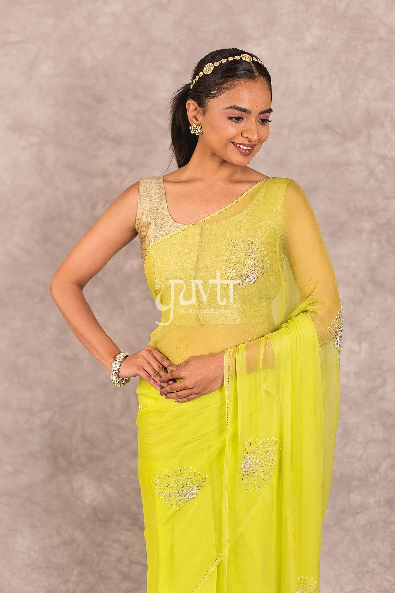 Green Viscose Chiffon Kardhana Moti work Saree