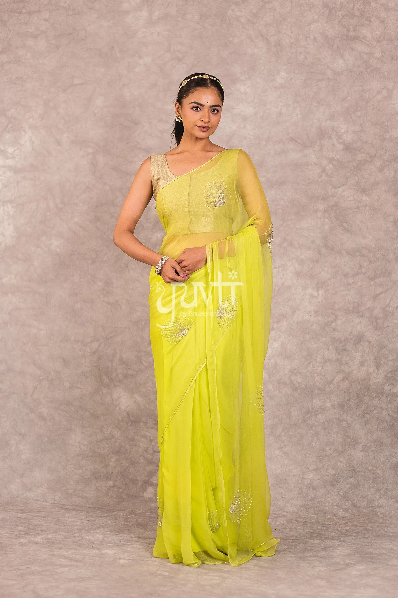 Green Viscose Chiffon Kardhana Moti work Saree