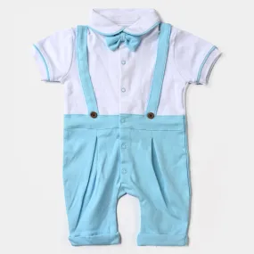 Infant Boys Cotton Interlock Knitted Romper Bow Suspender-White