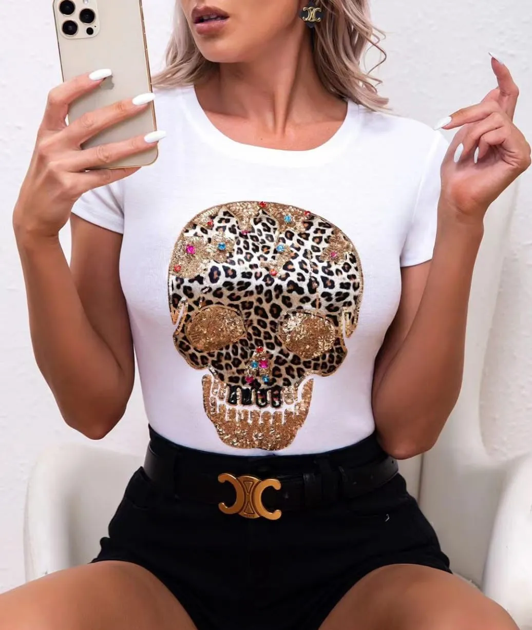 Maglia Donna Sottogiacca Girocollo Strass Multicolore Mezza Manica Casual Aderente