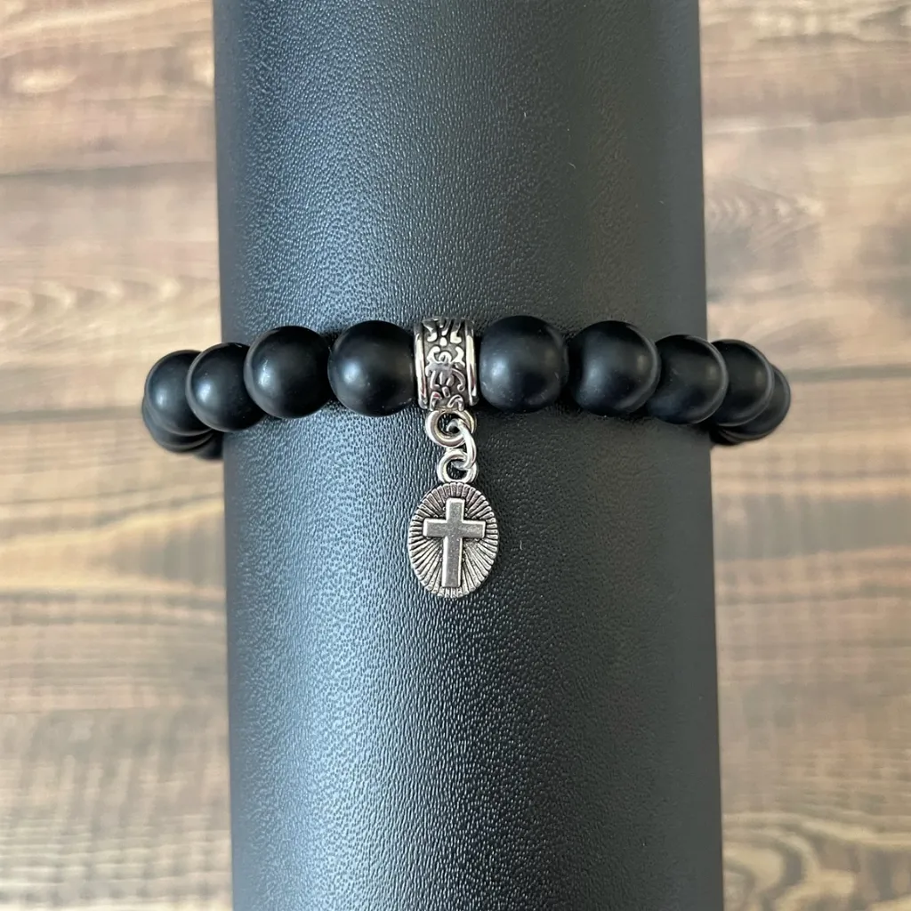 Mens Matte Black Onyx and Silver Oval Cross Beaded Bracelet