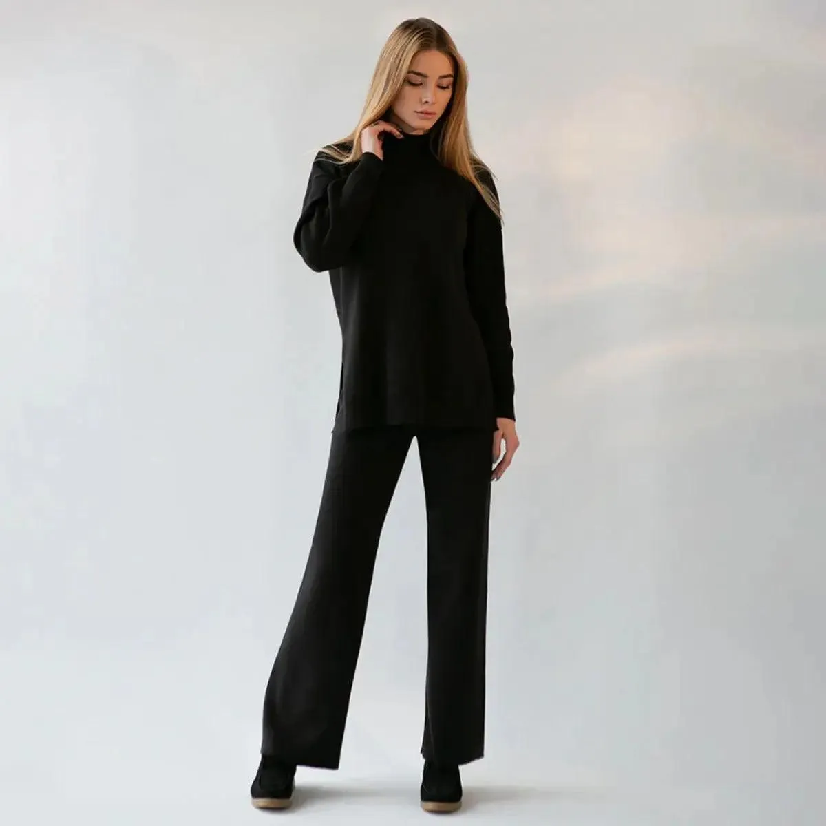 MS022 Solid Color Knit Turtleneck Slit Sweater Set