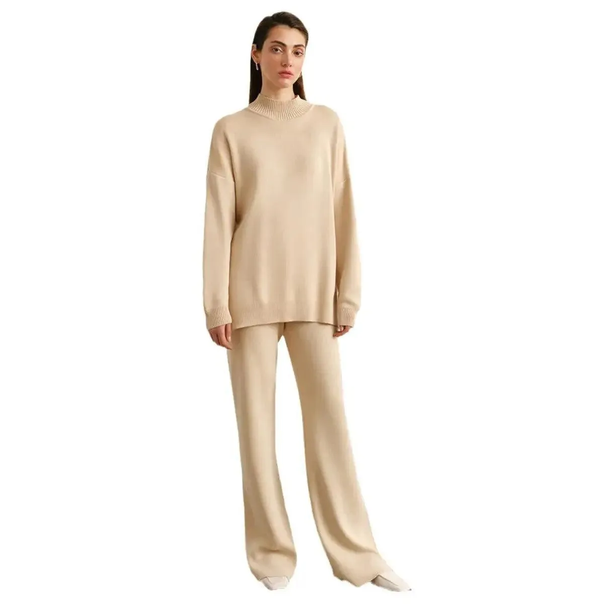 MS022 Solid Color Knit Turtleneck Slit Sweater Set