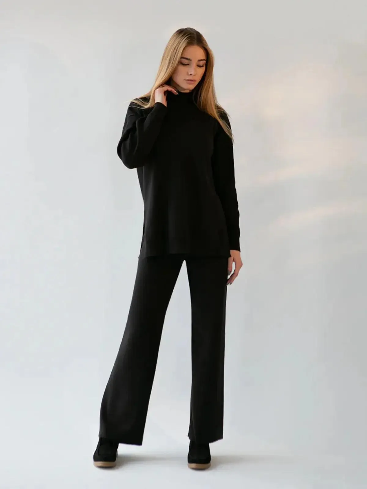 MS022 Solid Color Knit Turtleneck Slit Sweater Set