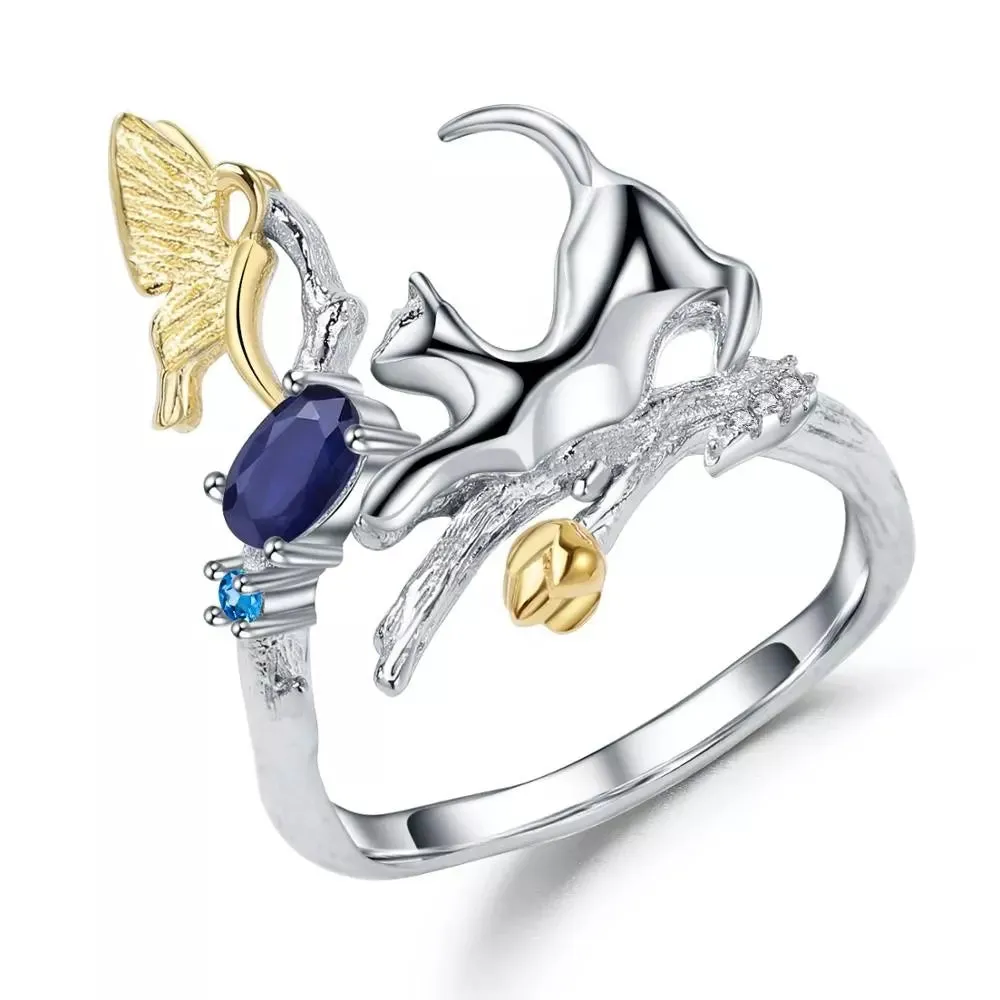 Natural Gemstone Fine Jewelry Cat Ring in Solid Sterling Silver and 18K Gold Plating