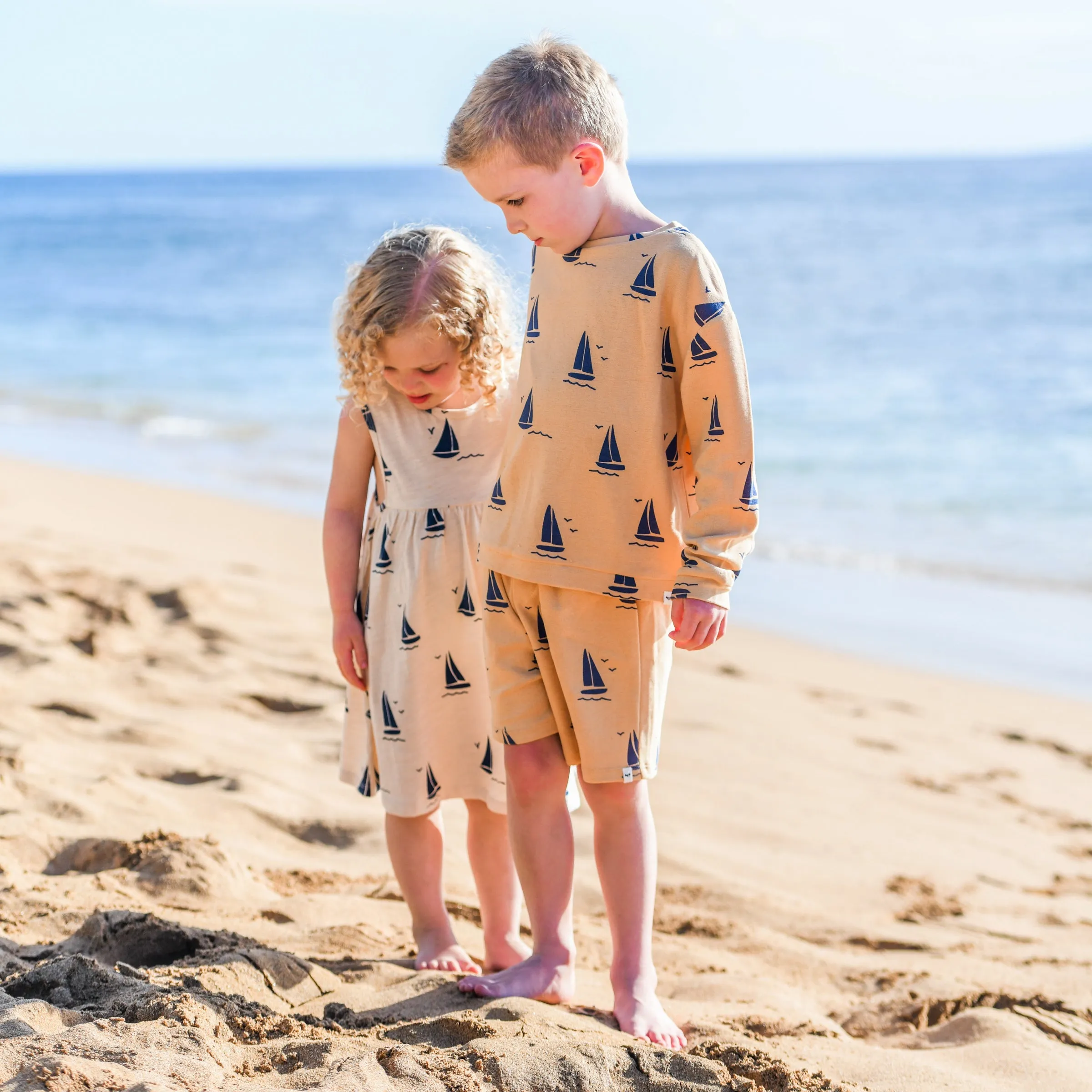 oh baby! Cotton Terry Slouch Boxy Sweatshirt - Sailboat Print - Oatmilk