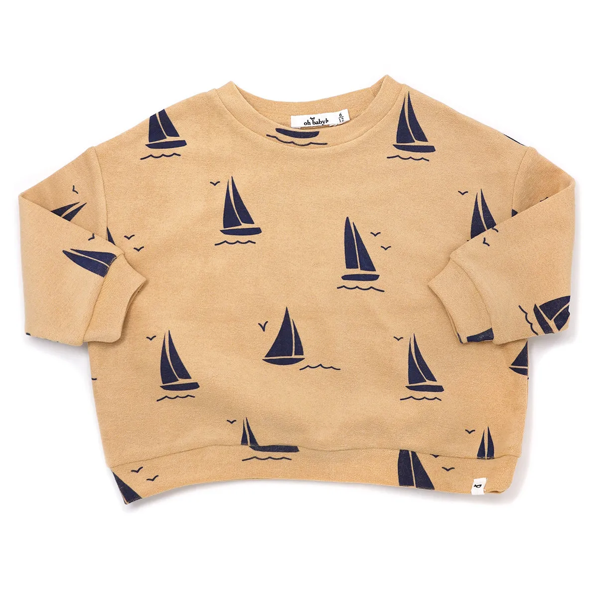 oh baby! Cotton Terry Slouch Boxy Sweatshirt - Sailboat Print - Oatmilk