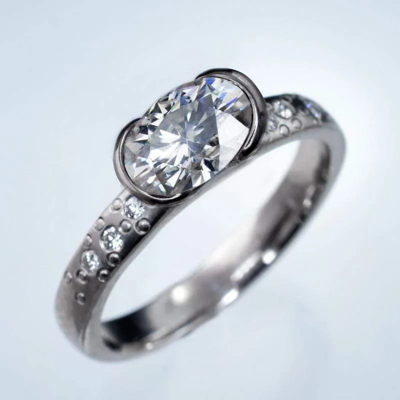 Oval Moissanite Ring Half Bezel Star Dust Engagement Ring