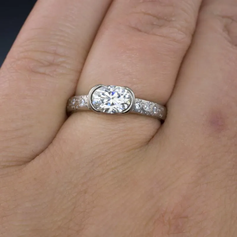 Oval Moissanite Ring Half Bezel Star Dust Engagement Ring