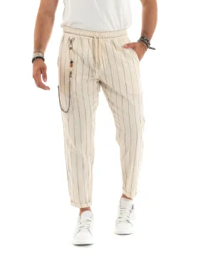 Pantaloni Uomo Pantalaccio Elastico Coulisse Rigato Righe Casual Beige GIOSAL-P5846A