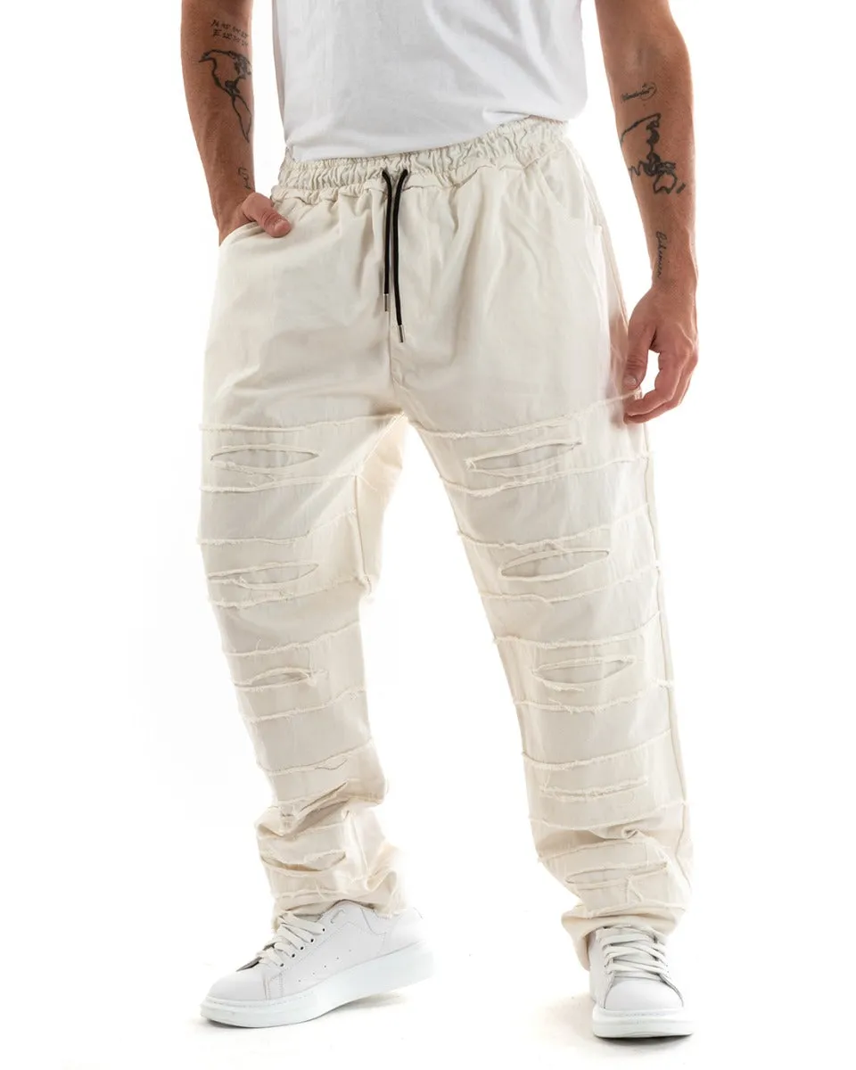 Pantaloni Uomo Pantalaccio Lungo Rotture Ripped Casual Panna GIOSAL-P5850A