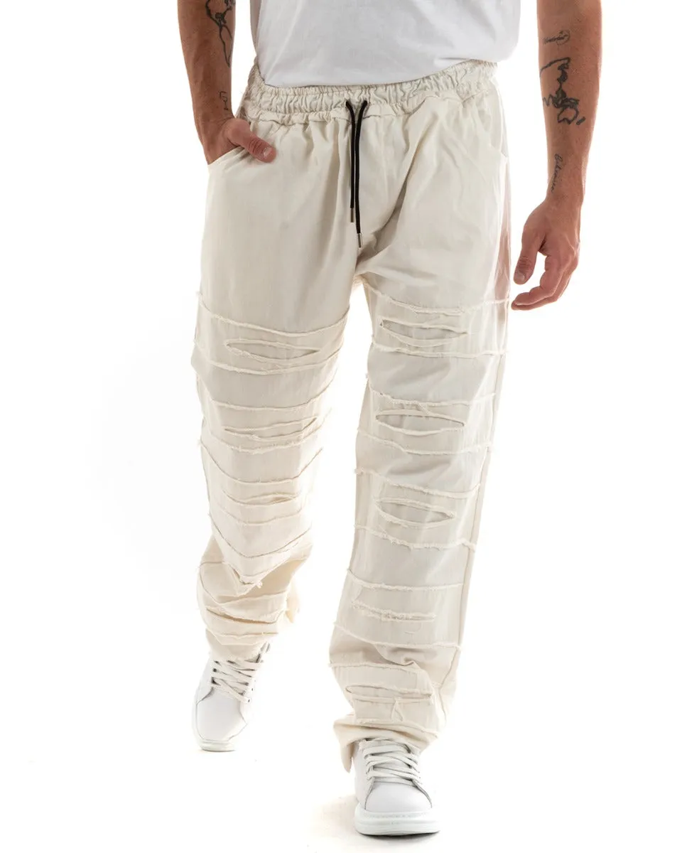 Pantaloni Uomo Pantalaccio Lungo Rotture Ripped Casual Panna GIOSAL-P5850A