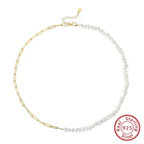 Paperclip Chain Pearl Necklace Sterling Silver