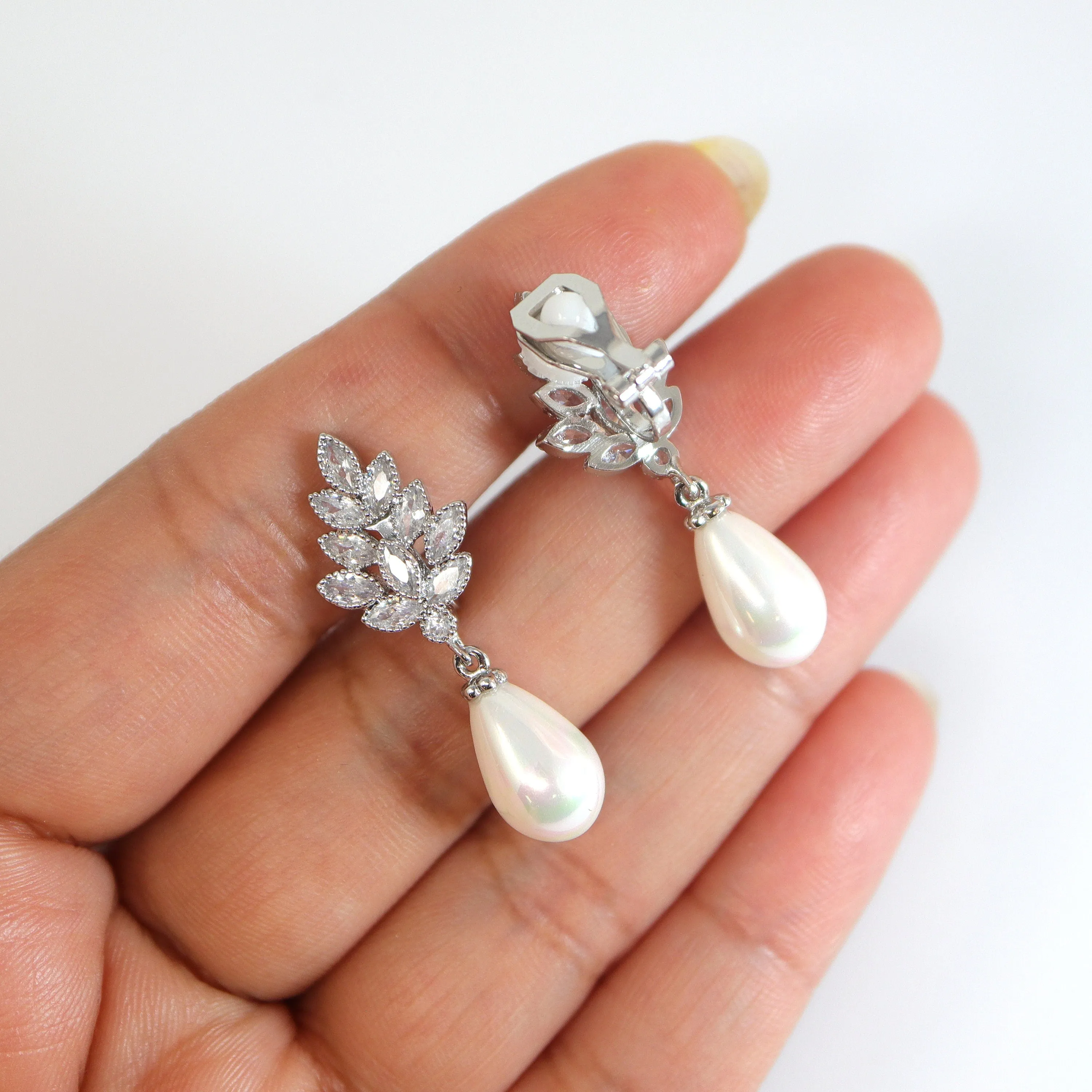 Pearl Adorned Clip-On Bouquet: Floral Pearl Drop Earrings with Elegance, Crystal Bridal Earrings, Statement Earrings Cz