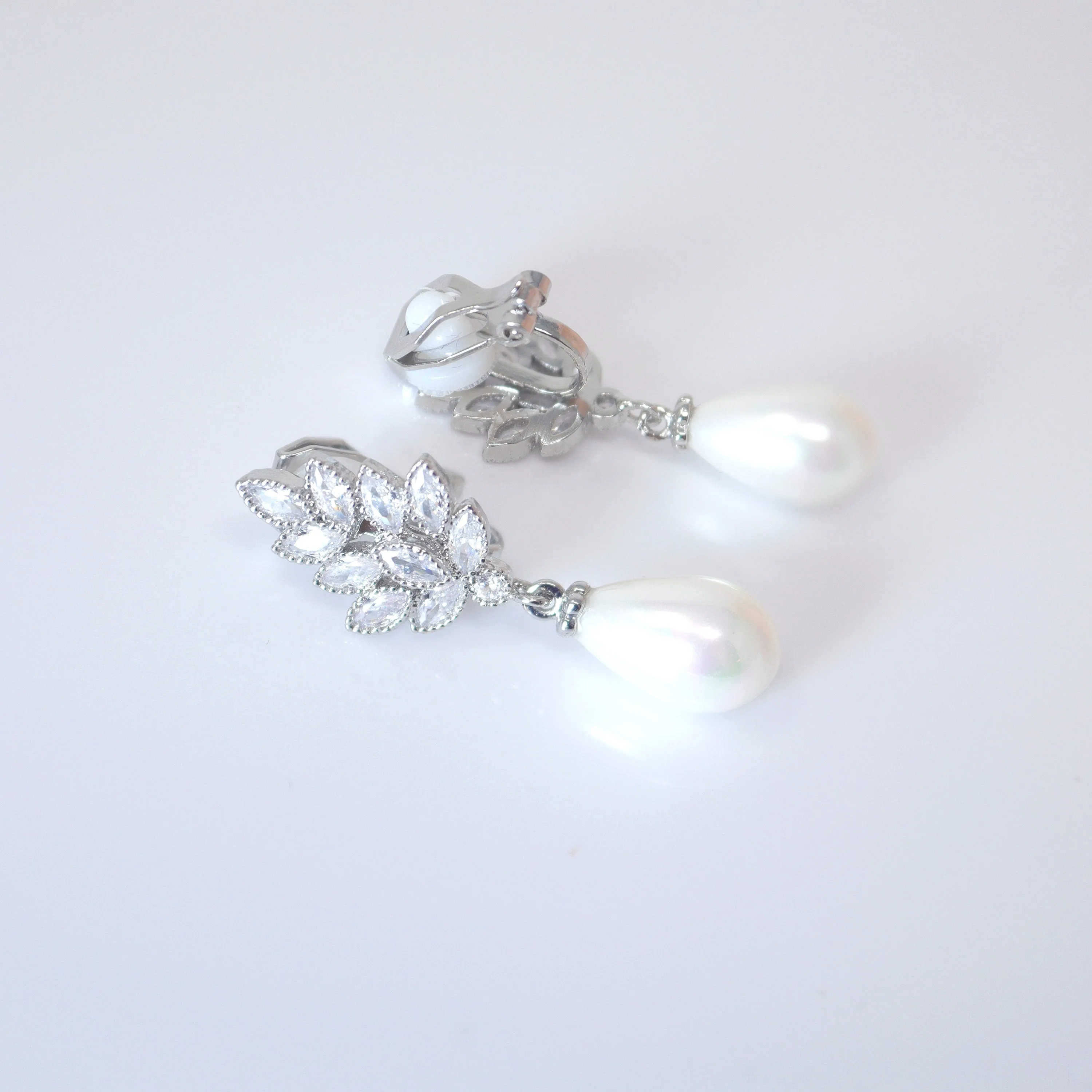 Pearl Adorned Clip-On Bouquet: Floral Pearl Drop Earrings with Elegance, Crystal Bridal Earrings, Statement Earrings Cz