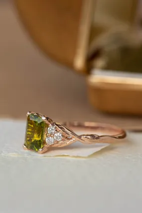 Peridot engagement ring, emerald cut gemstone proposal ring with accent diamonds / Gloria