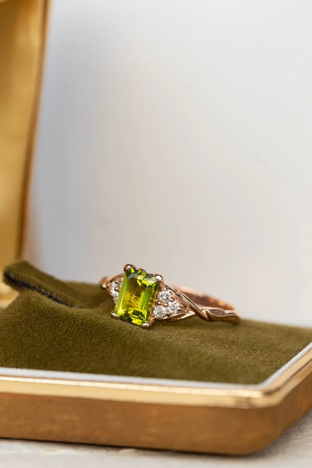 Peridot engagement ring, emerald cut gemstone proposal ring with accent diamonds / Gloria