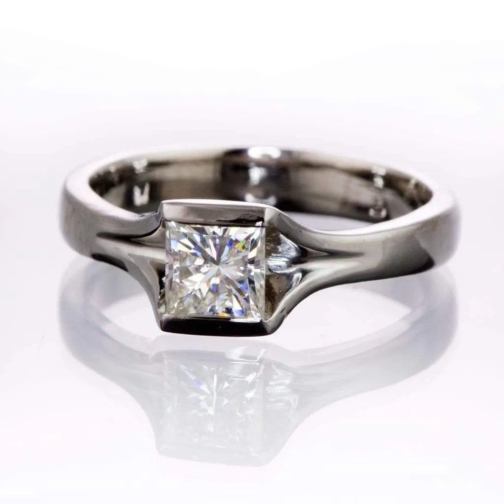 Princess Square Brilliant Moissanite Fold Semi-Bezel Set Solitaire Engagement Ring