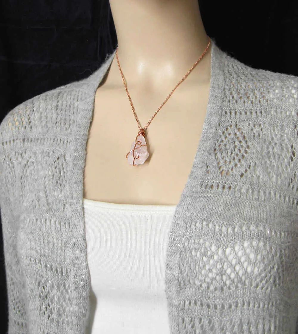 Raw Rose Quartz Crystal Pendant, Copper Wire-Wrapped, Handmade