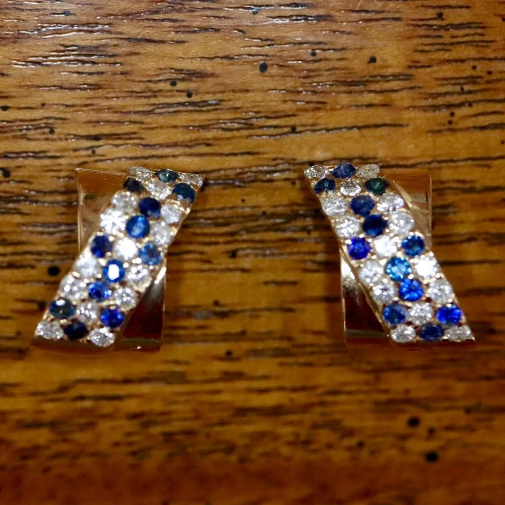 Ribbon 14k Gold, Sapphire and Diamond Earrings