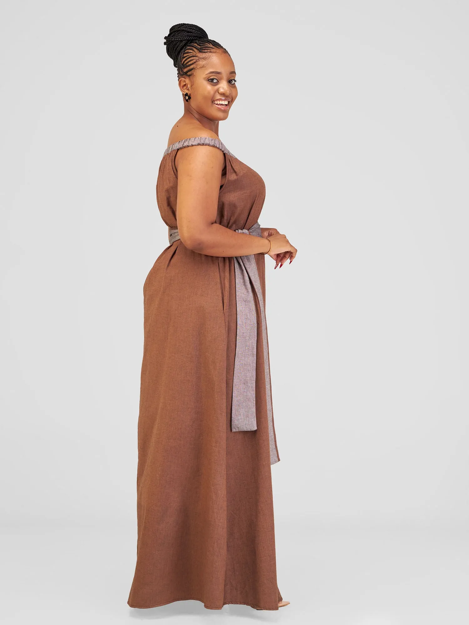 Safari Haya Off Shoulder Maxi Dress - Dark Brown koko