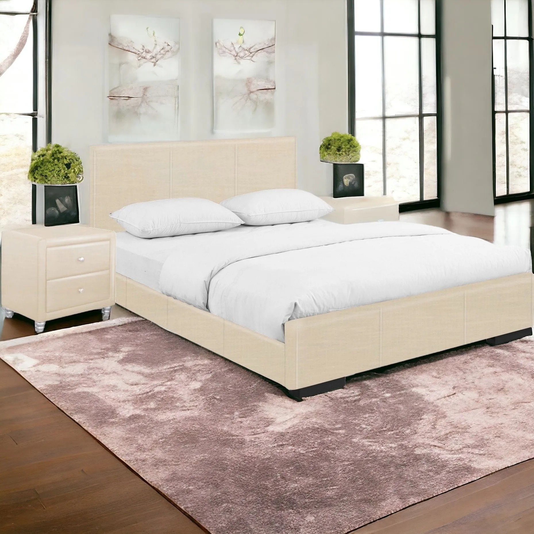 Solid Manufactured Wood White Standard Bed Upholstered With Headboard