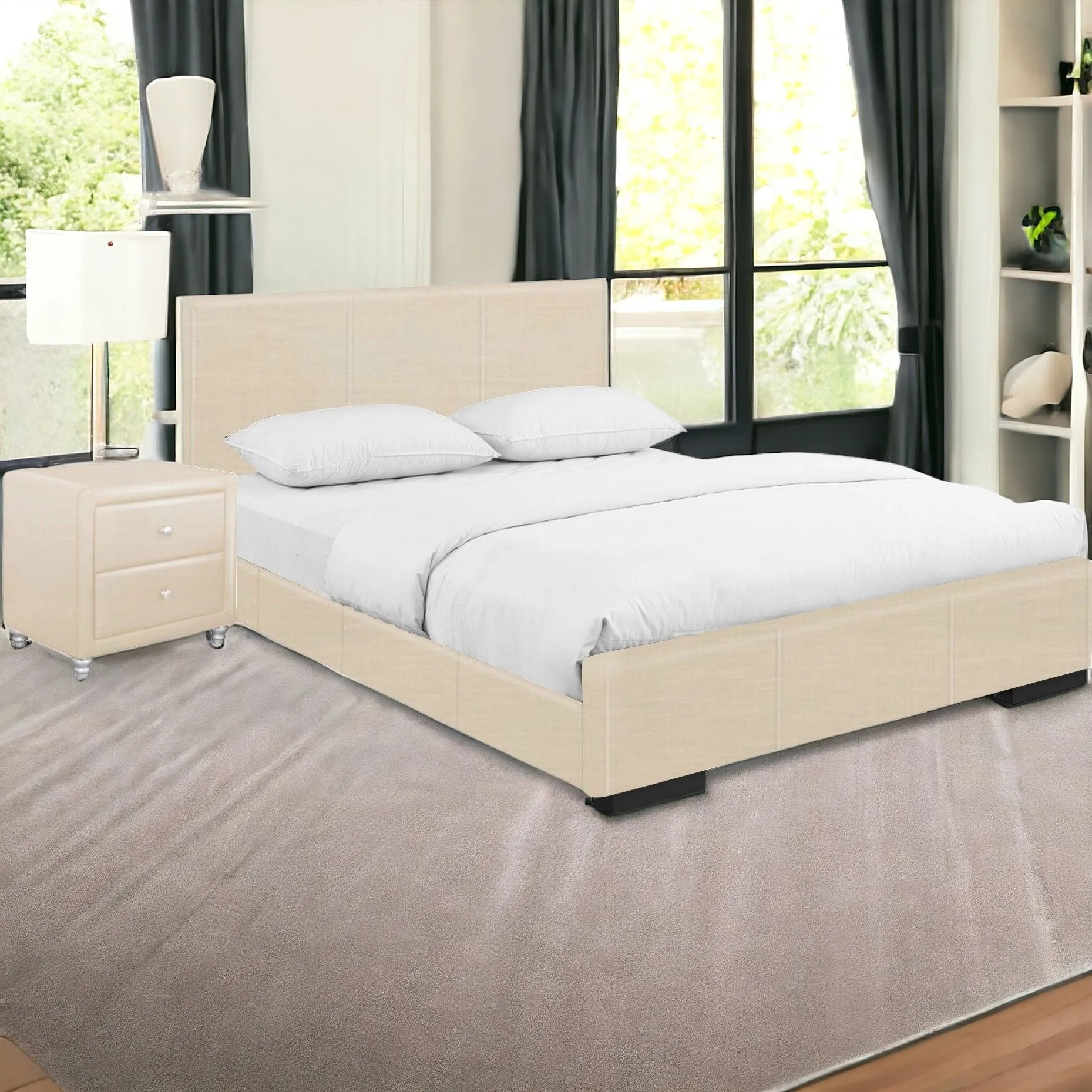 Solid Manufactured Wood White Standard Bed Upholstered With Headboard